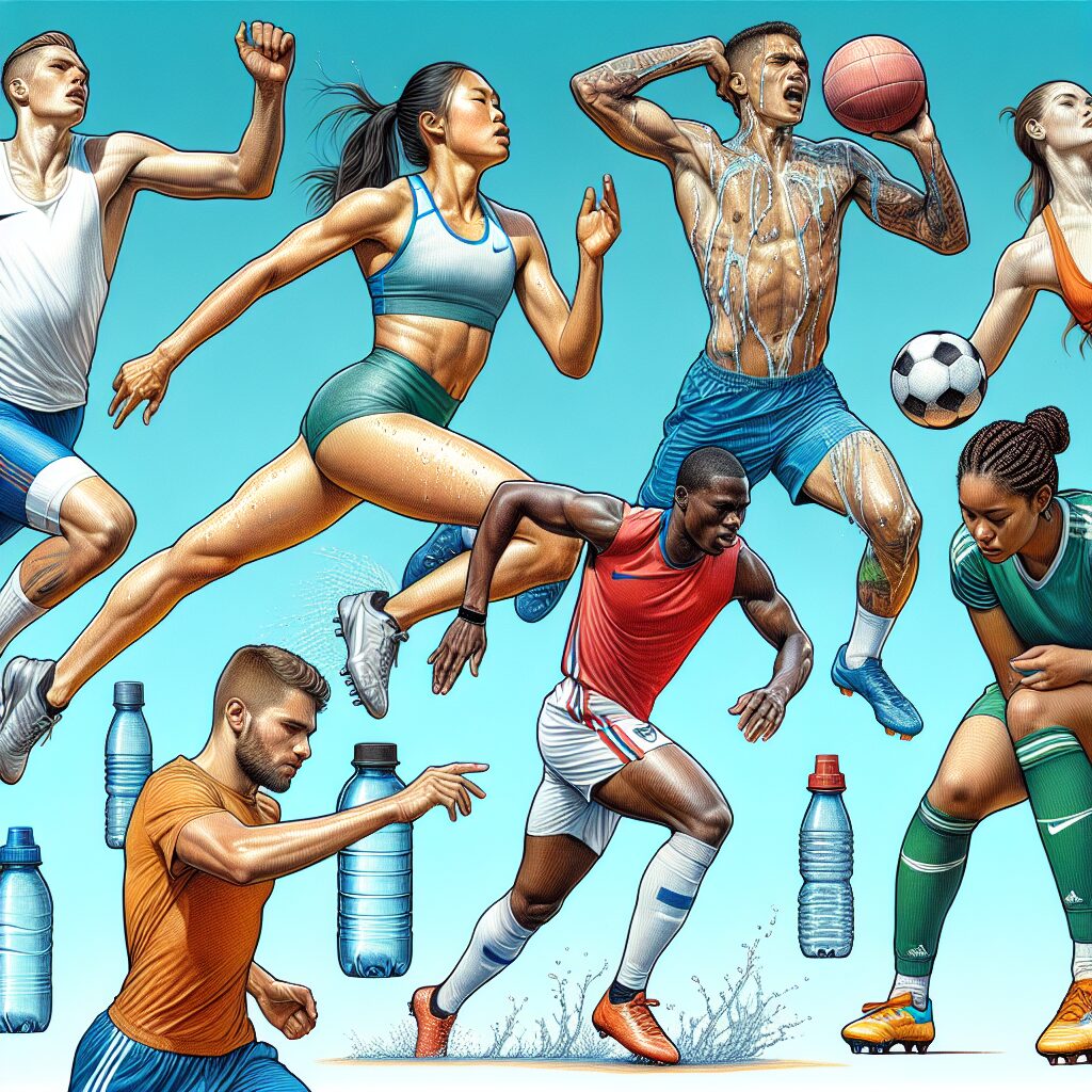 A photography of athletes engaging in various sports activities during summer, ensuring proper hydration and warming up under a bright sunny sky.