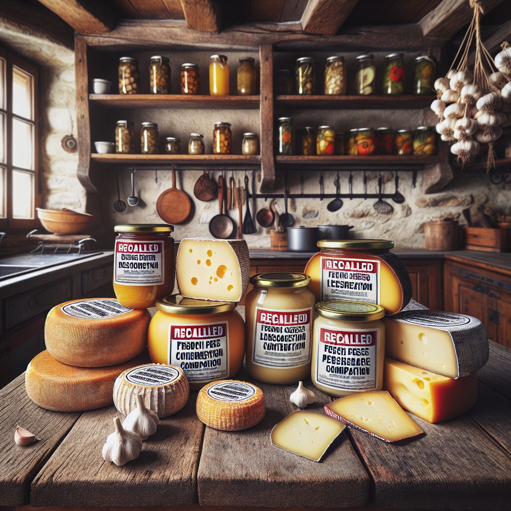 A photography of various French cheeses labeled as recalled due to listeria contamination, displayed on a wooden table in a rustic kitchen.