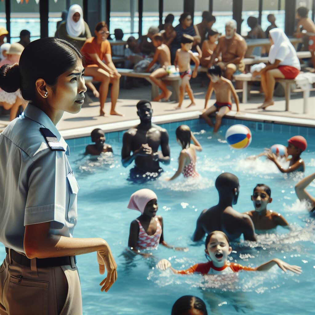 A photography of a lifeguard watching over a crowded swimming pool on a hot summer day, with children and adults swimming and playing in the water.