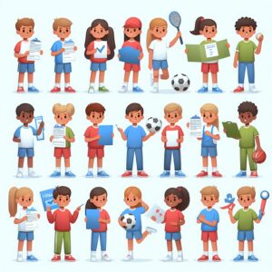 Sure, here is a prompt in English for DALL-E: "A photography of children engaging in various sports activities, with some clubs requiring a medical certificate while others only need a health questionnaire."