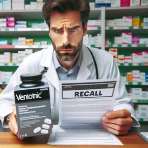 A photography of a pharmacist in a pharmacy carefully checking a box of Daflon 500 mg with a concerned expression, highlighting the product recall notice on the counter behind them.