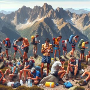 A photography of hikers on a mountainous trail in Corsica, visibly affected by a gastroenteritis outbreak, with some rehydrating and others showing symptoms, all set against the backdrop of the scenic GR20.