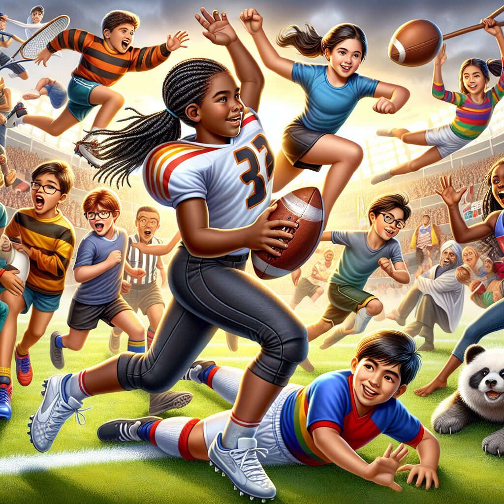 A photography of children happily engaging in various sports activities, with a football game in the foreground and other sports like rugby, athletics, and judo happening in the background, depicting the new relaxed regulations for medical certificates in youth sports.