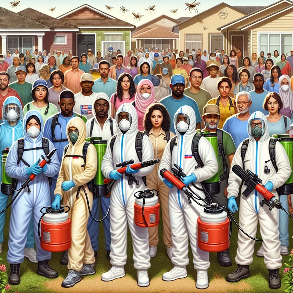 A photography of health workers in protective gear conducting a mosquito control operation in a residential area to prevent the spread of West Nile virus.