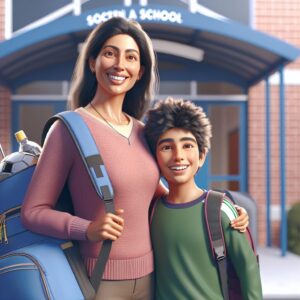 A photography of a smiling parent with their child at a school entrance, holding sports equipment, embodying the excitement of the new school year and the ease of simplified medical certificate rules for sports activities.