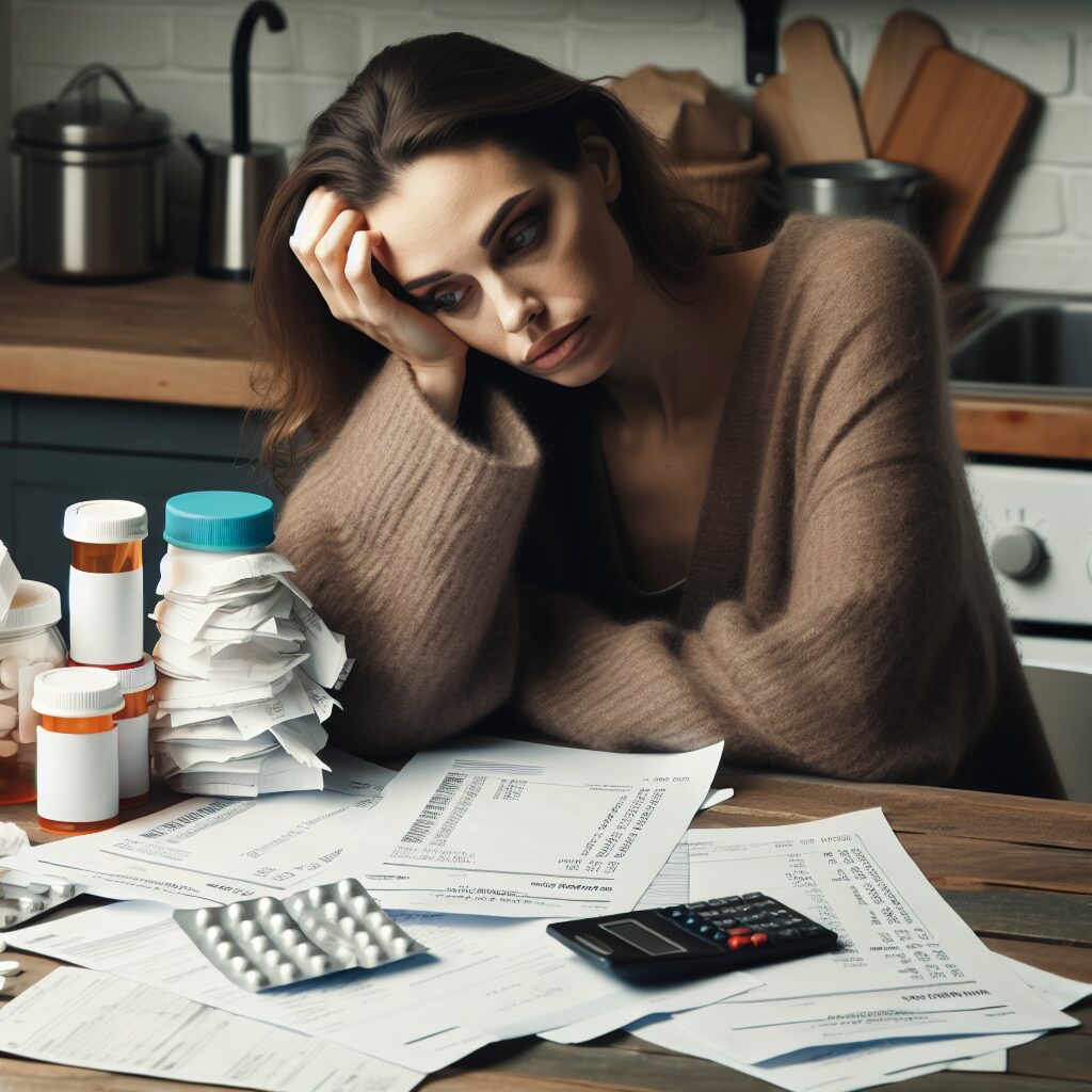 A photography of a despondent woman sitting at a kitchen table covered in medical bills and prescription bottles, representing the financial burden of cancer treatment.