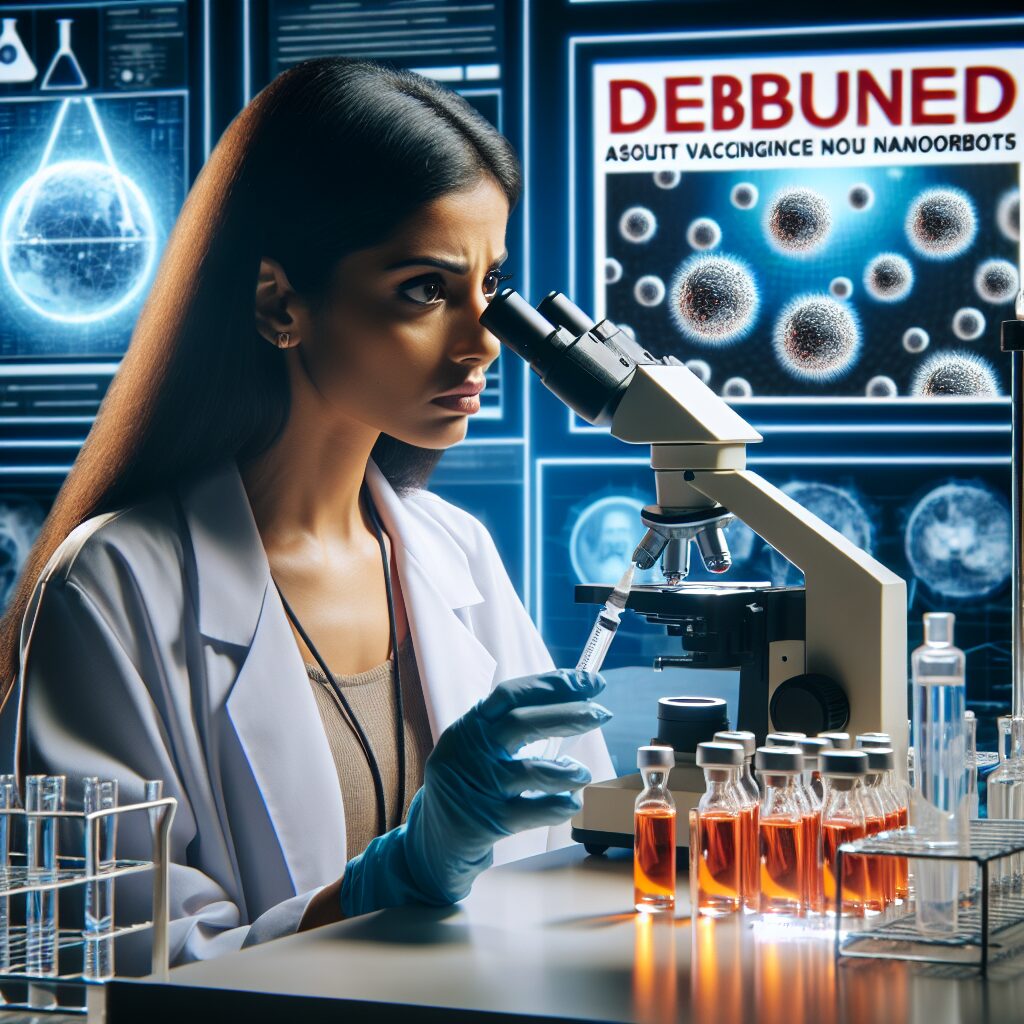 A photography of a concerned scientist examining vaccine vials under a high-powered microscope in a laboratory, with a debunked conspiracy theory headline about nanorobots in the background.