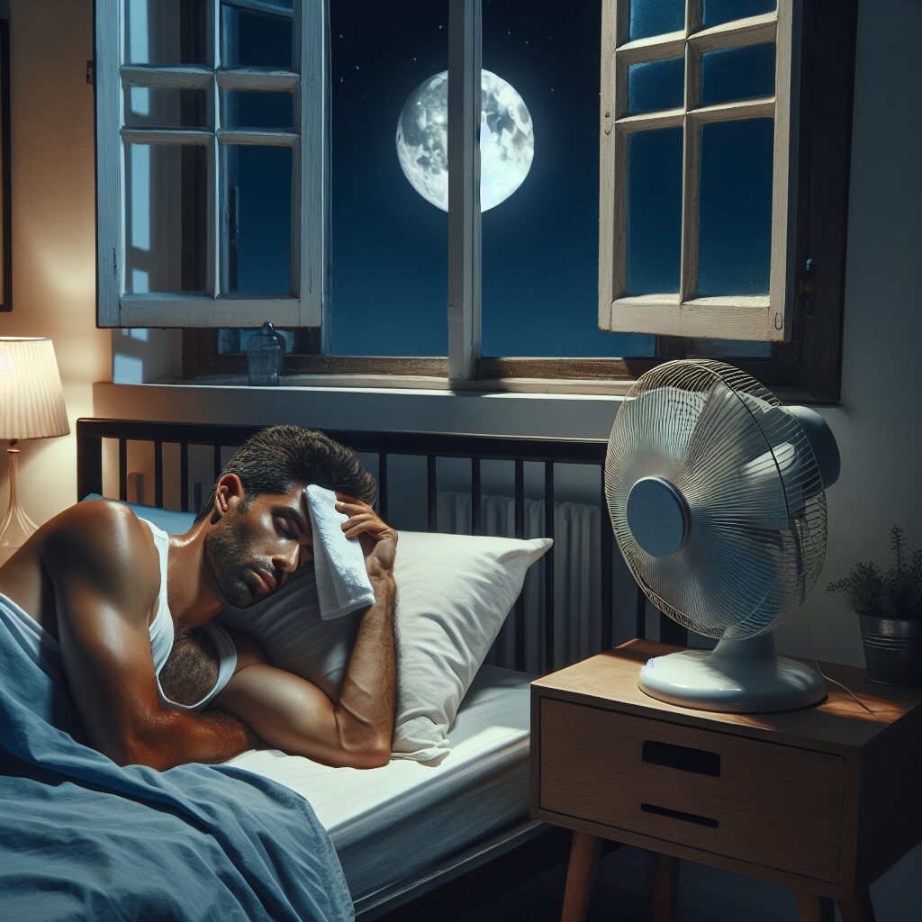 A photography of a person trying to sleep in a bedroom with a fan and open windows while using a cool damp cloth on their forehead, amidst a hot summer night.