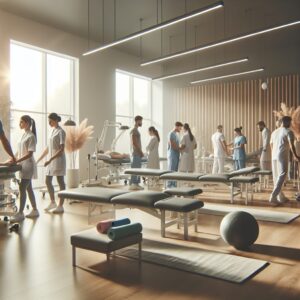 A photography of a physiotherapy clinic with both male and female professionals treating patients, capturing the modern and inclusive environment.