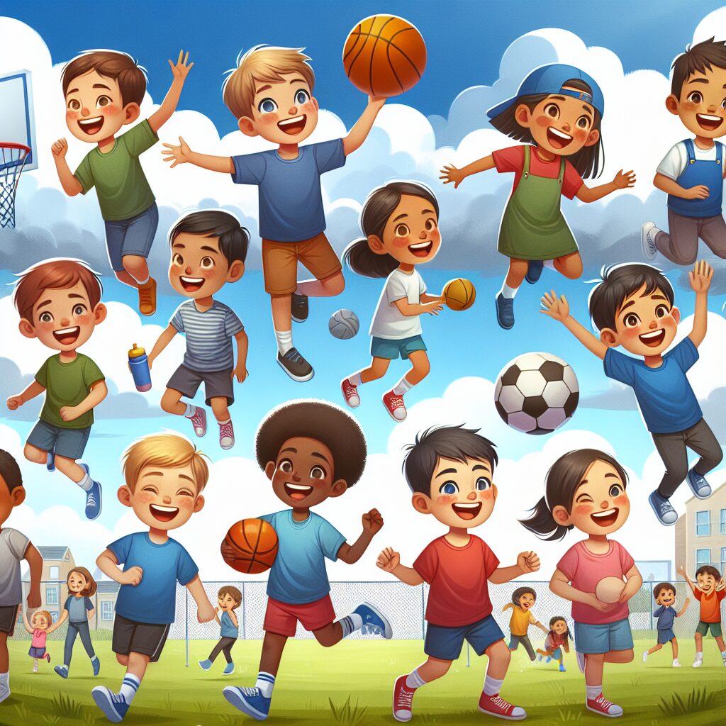 A photography of children happily participating in various school sports activities without needing medical certificates, showing a sense of ease and inclusiveness.