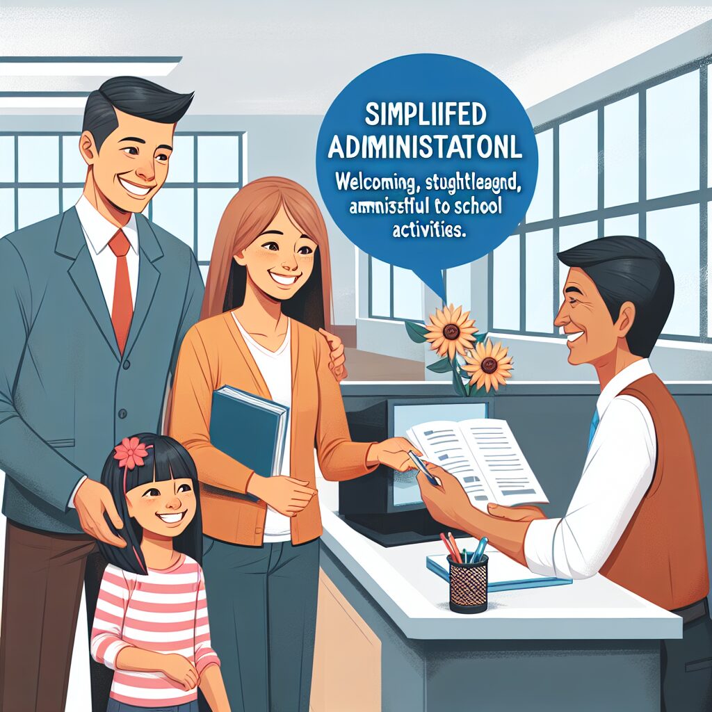 "a photography of a family at a school office, happily receiving information from a school administrator, representing simplified administrative procedures for school activities."