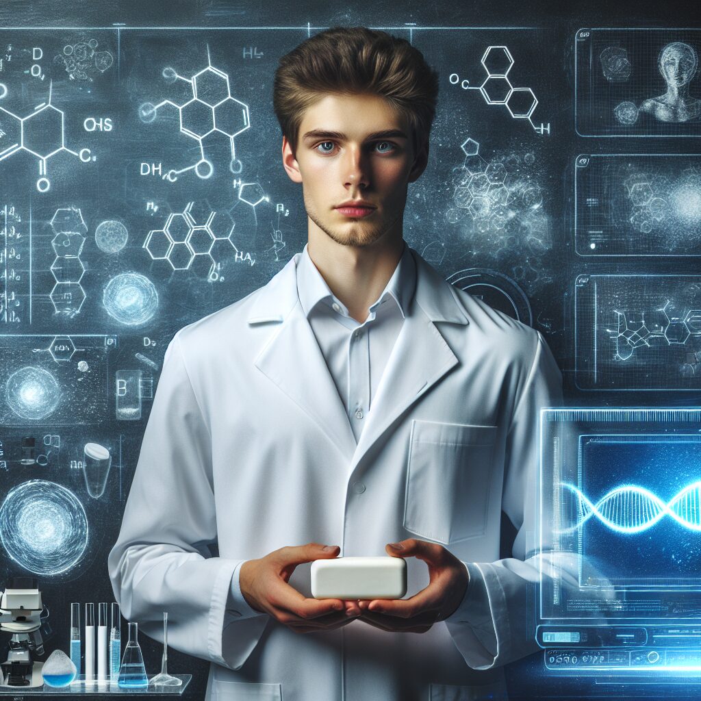 A photography of a young scientist in a lab coat, holding a soap bar, with chemical formulas and futuristic medical technology in the background.