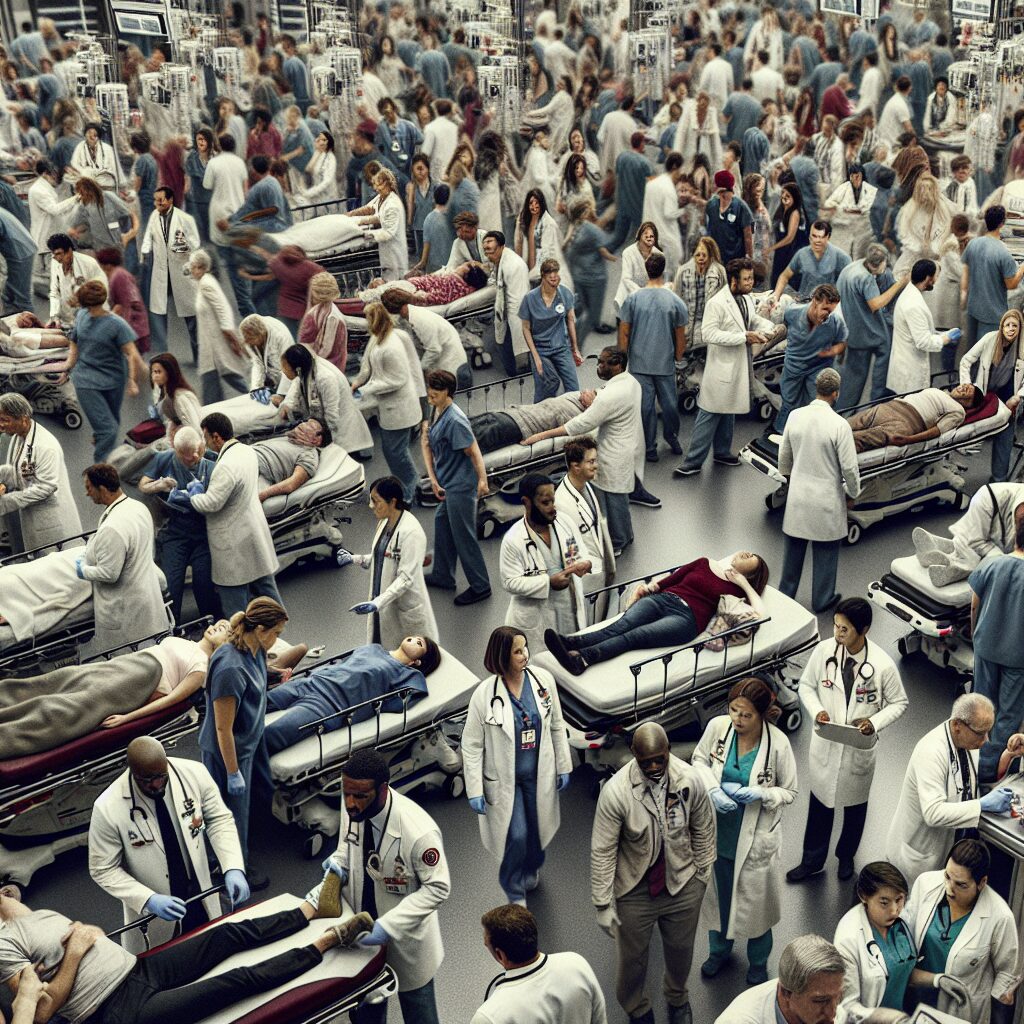 A photograph of an overcrowded hospital emergency room with patients waiting and medical staff attending to them under stressful conditions.