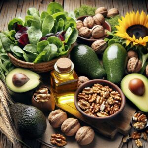 A photography of a variety of foods rich in vitamin E, including wheat germ oil, sunflower oil, walnuts, avocados, and leafy green vegetables, artfully arranged on a rustic wooden table.