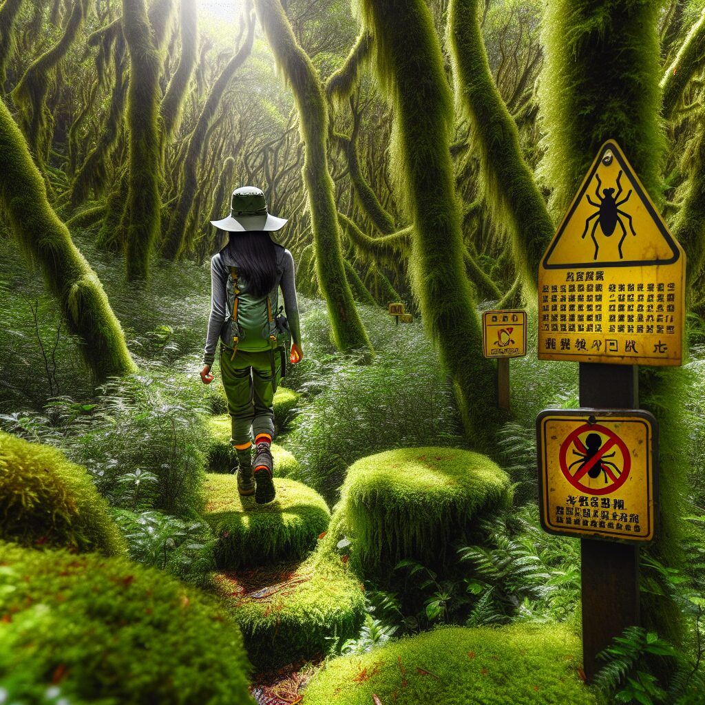 A photography of a person hiking in a dense forest wearing long sleeves, pants tucked into socks, and a hat, with vivid signs of caution and helpful guideposts about tick prevention visible.