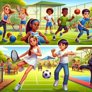 A photography of a diverse group of children engaging in different sports activities like tennis, football, and martial arts in a vibrant, outdoor club setting with a relaxed atmosphere.