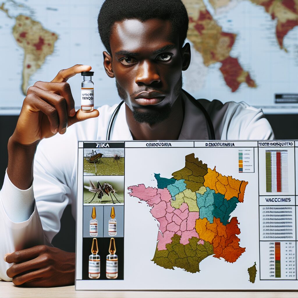 A photography of a concerned health worker showing a map of France with highlighted areas indicating regions affected by the tiger mosquito, chikungunya, dengue, and Zika virus, with an inset of a vaccine vial labeled "Ixchiq".