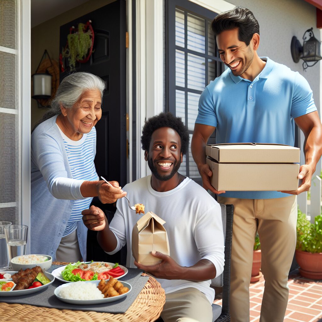 Sure, here is your prompt: "A photography of elderly people receiving freshly delivered meals at their home, smiling and enjoying their food, showcasing the convenience and social well-being provided by meal delivery services."