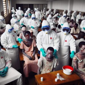 A photography of healthcare workers in protective gear treating patients with Mpox in a crowded medical facility in the Democratic Republic of the Congo, with visible skin rashes on the patients.