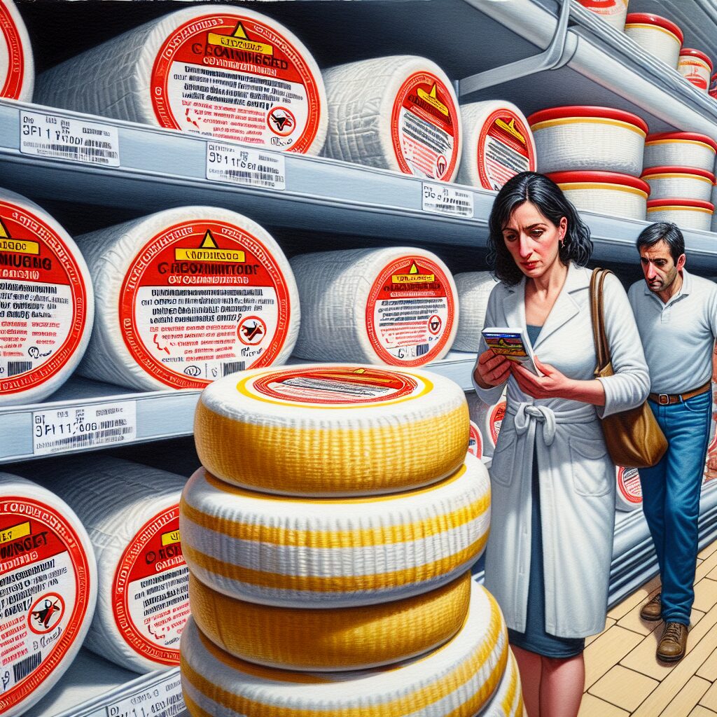 A photography of a supermarket shelf displaying several packs of Reblochon cheese with a red recall notice warning about contamination, with concerned consumers looking at it.