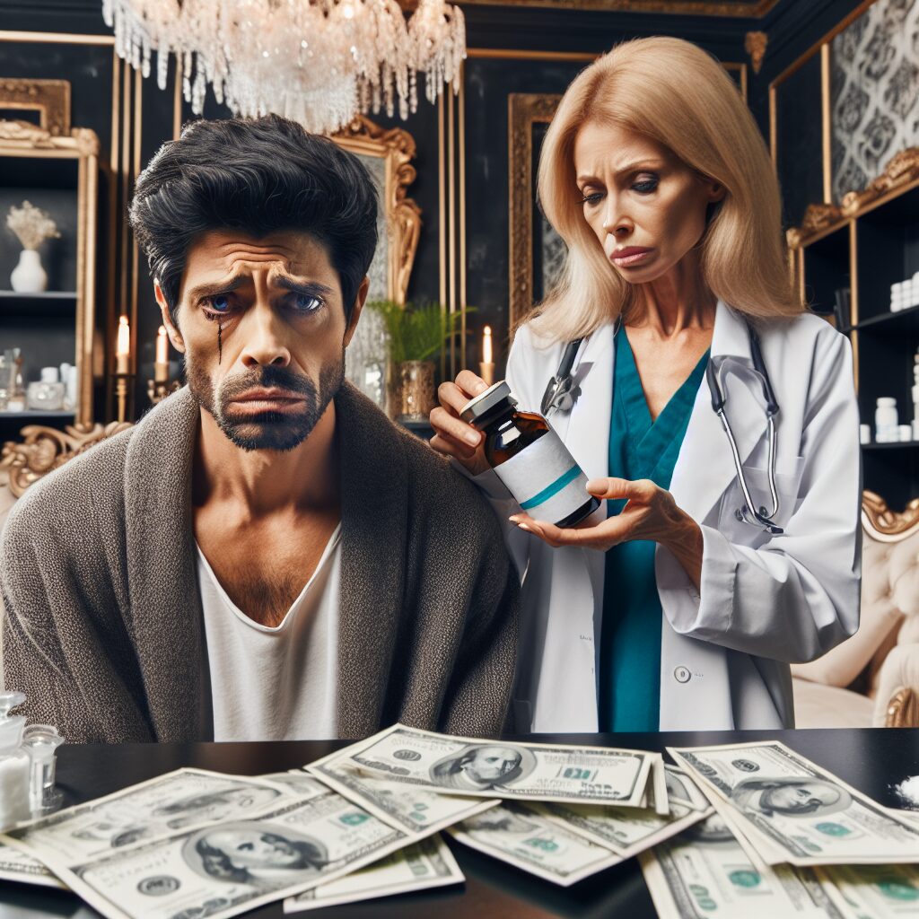 A photography of a distressed Hollywood actor in a lavish doctor's office, with the doctor holding a vial labeled 'Ketamine' and money scattered across the table.