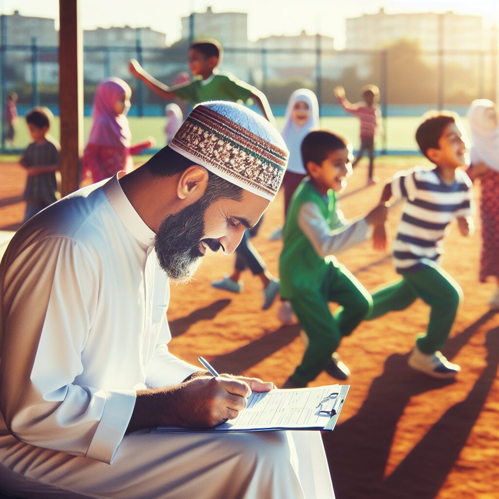 A photograph of a parent filling out a health questionnaire for their child's school sports activity, with children playing sports in the background.