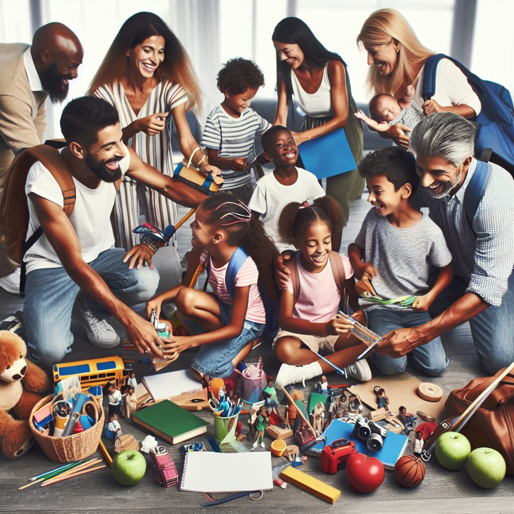 A photography of parents readying their children with school supplies and sports equipment for the new school year, highlighting the ease and joy of preparation.