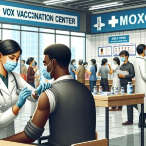 A photography of a healthcare professional administering a vaccine to a patient at one of the 232 newly opened vaccination sites in France, with a background showing a banner that reads "Mpox Vaccination Center".