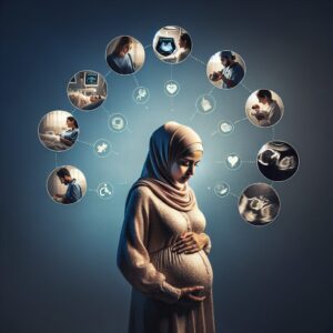 A photograph of a pregnant woman standing in a serene, softly lit room, looking anxious and worried, with thought bubbles depicting various childbirth scenarios around her head.