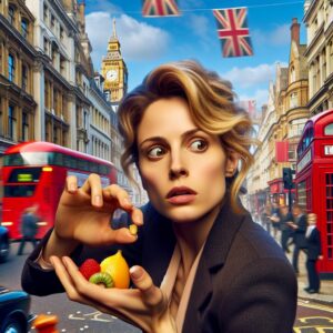 A photography of Alicia Silverstone in a lively London street, holding a fruit with caution and a concerned expression, with visible city elements in the background.