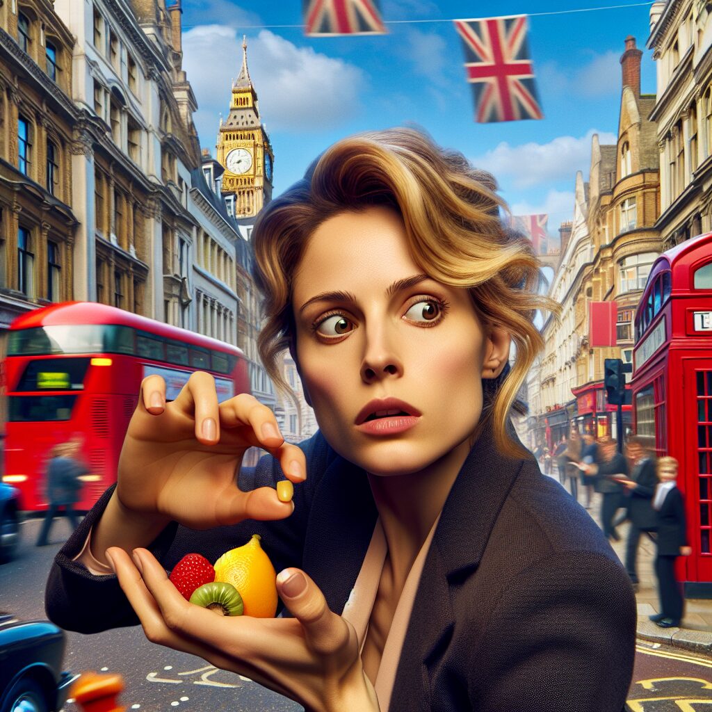 A photography of Alicia Silverstone in a lively London street, holding a fruit with caution and a concerned expression, with visible city elements in the background.