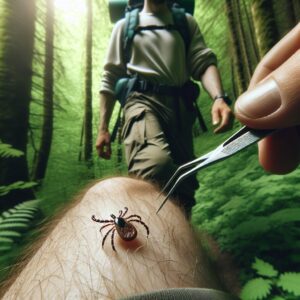 "A photography of a person hiking in a forest wearing long clothing and using insect repellent, with a close-up of a tick on their leg being removed with tweezers."