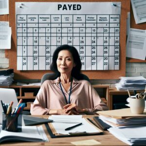 "A photography of an office worker sitting at a desk with a calendar in the background, marking their acquired paid leave days after returning from a medical leave."