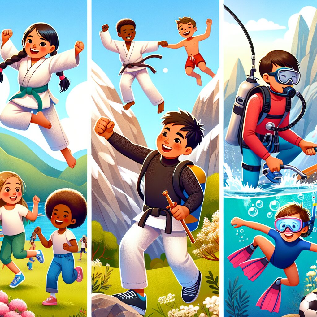 A photograph of children happily playing various sports, with some engaging in combat sports, mountaineering, and scuba diving, reflecting new school medical certificate guidelines.