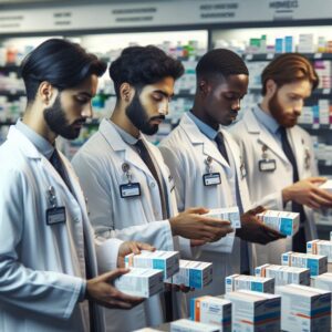 "A photography of pharmacists carefully inspecting and returning boxes of amoxicillin in a well-organized pharmacy setting."