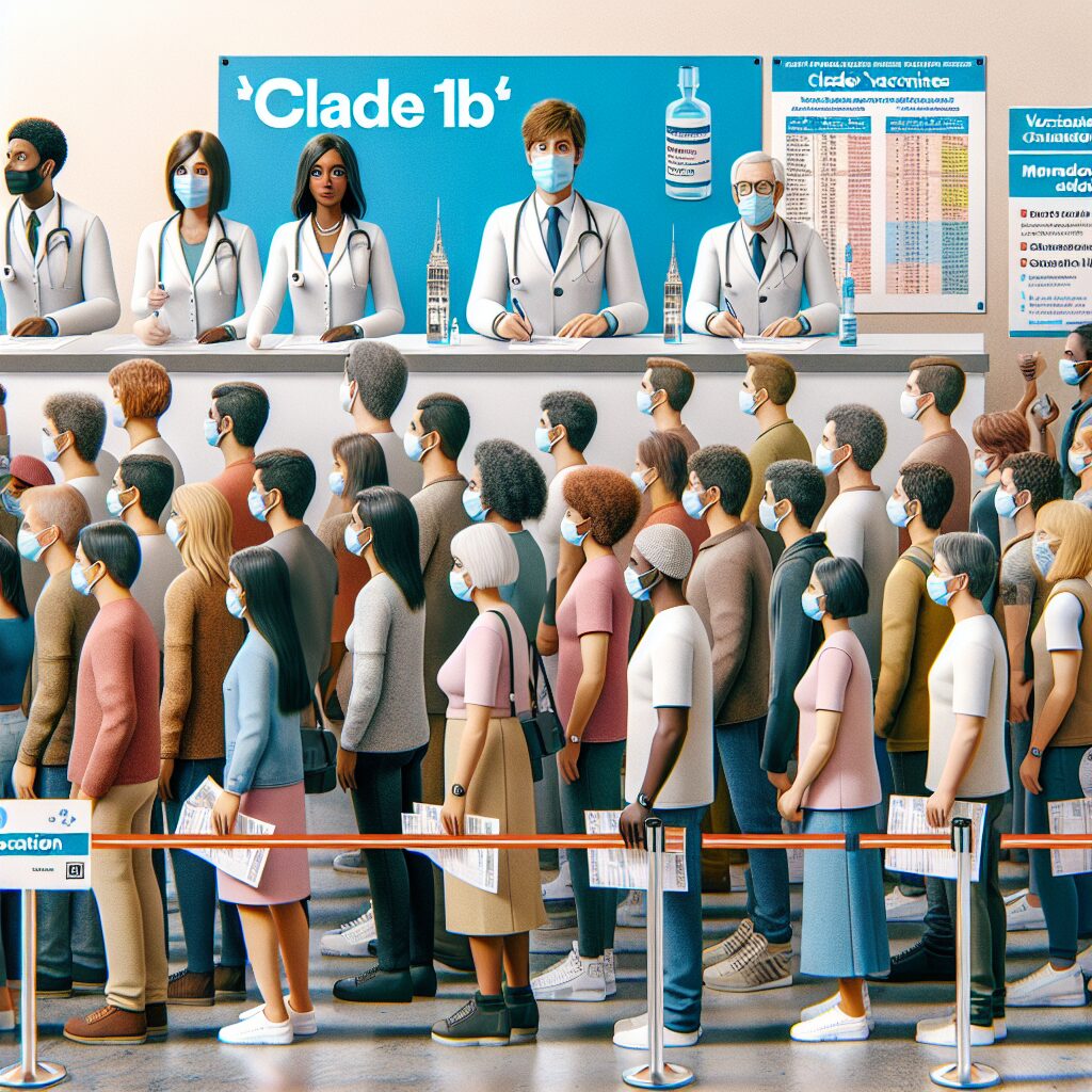 A photography of a widespread vaccination site in France, with medical staff administering mpox vaccines to the public, and informational posters about the new clade 1b variant in the background.