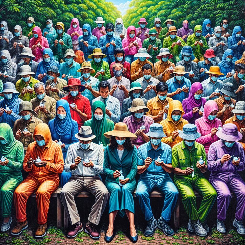 A photography of people wearing long sleeves and hats, applying mosquito repellent while sitting outdoors, surrounded by lush greenery.