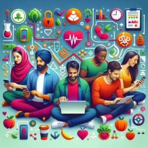 A photography of a diverse group of people engaging with an interactive and colorful online test on their laptops and smartphones, with visual representations of healthy habits and lifestyle changes surrounding them.