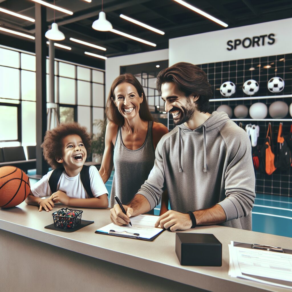 a photography of a family happily registering their child for a sports activity without a medical certificate, in a modern and welcoming sports club environment