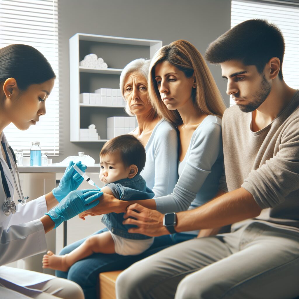 a photography of a healthcare professional administering a vaccine to an infant in a clinical setting, with a concerned family observing nearby.