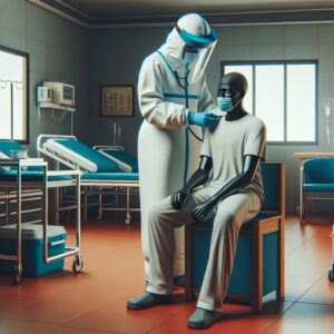 a photography of a health worker in protective gear examining a male patient in isolation, with a backdrop indicating an African clinic setting.