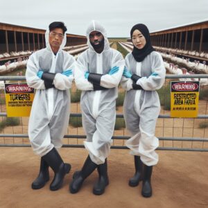 A photography of a biosecurity team in protective gear euthanizing turkeys in a large poultry farm, with warning signs and restricted area markers around the site.