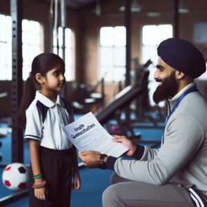 A photography of a child handing a health questionnaire to a coach at a sports club, symbolizing the eased requirements for medical certificates in youth sports.