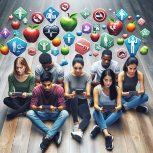 A photography of a group of diverse people using an interactive online health test on their devices, surrounded by icons representing healthy habits such as fruits, exercise, and no-smoking signs.