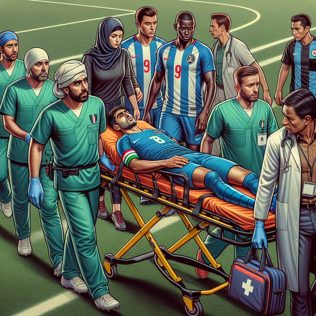 "A photography of a football player being stretchered off the field with concerned teammates and medical staff surrounding him, highlighting the seriousness of head injuries in sports."