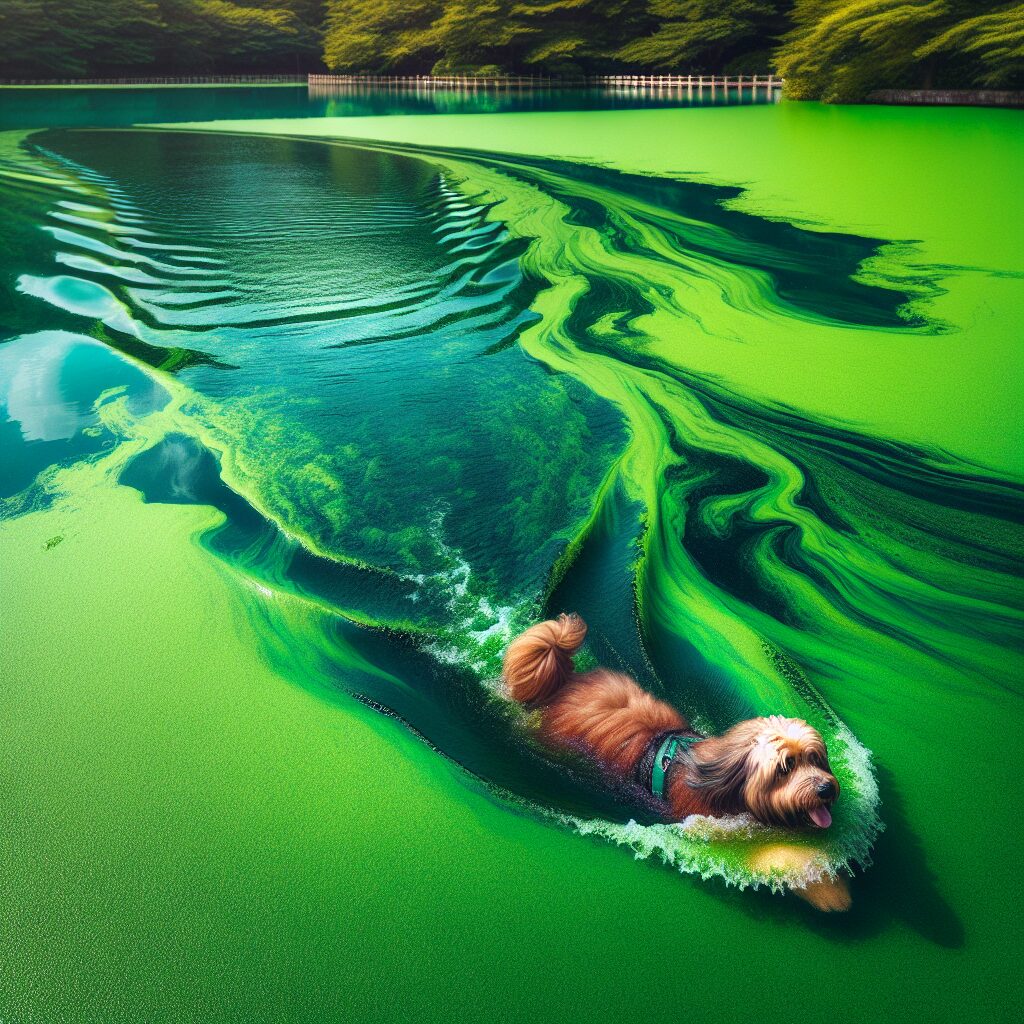 A photography of a dog swimming in a green-tinged lake with visible blue-green algae foam on the surface, in a serene park setting.