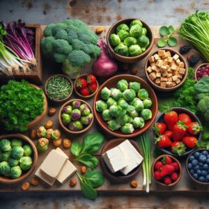 « A photography of a variety of foods rich in Vitamin K, including a bunch of fresh parsley, a bowl of cress, Brussels sprouts, tempeh, blueberries, tofu, grapes, and strawberries, arranged neatly on a rustic wooden table. »