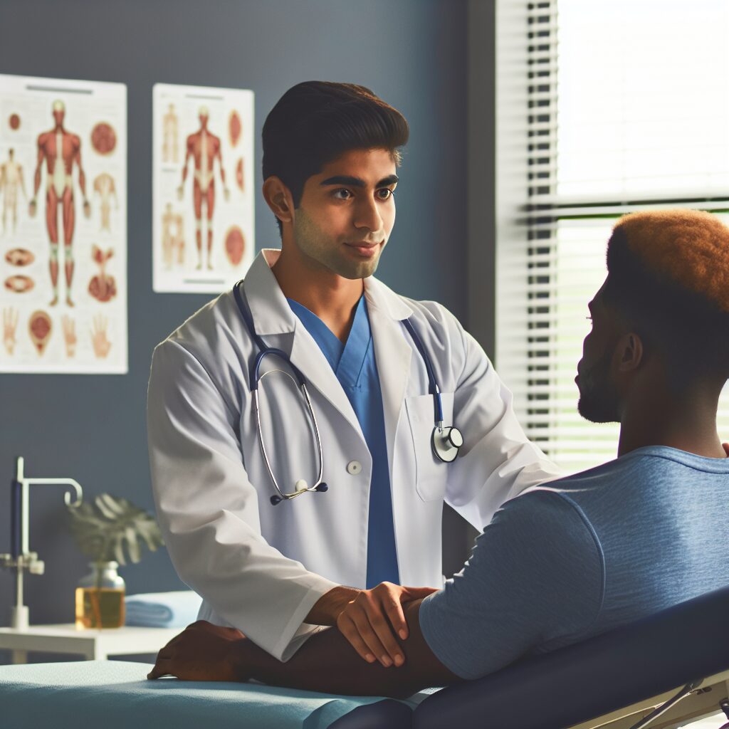 A photography of a female physiotherapist treating a patient in a modern clinic setting, emphasizing professionalism and respect.