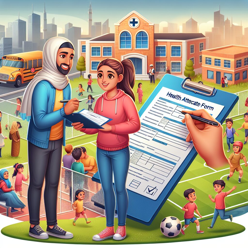 A photography of parents filling out a health attestation form for their child’s school and sports activities during the back-to-school period, with a backdrop of a school and a sports club.