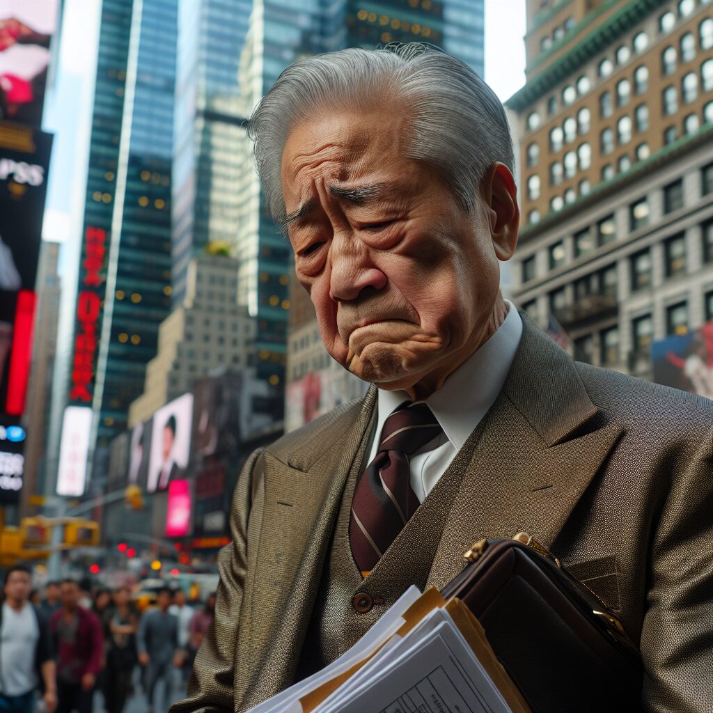 A photography of an elderly businessman in a suit standing in front of a luxury hotel in New York, looking distressed and holding legal documents, with the bustling cityscape of Times Square in the background.